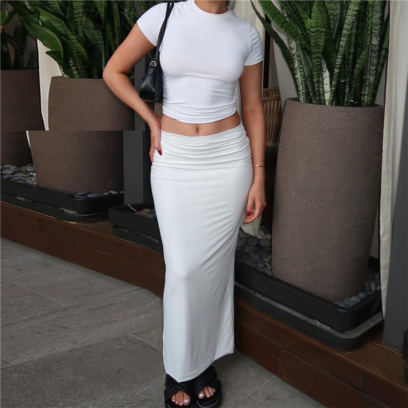 Women Fashion Solid Color Short Sleeve Top And Skirt Set