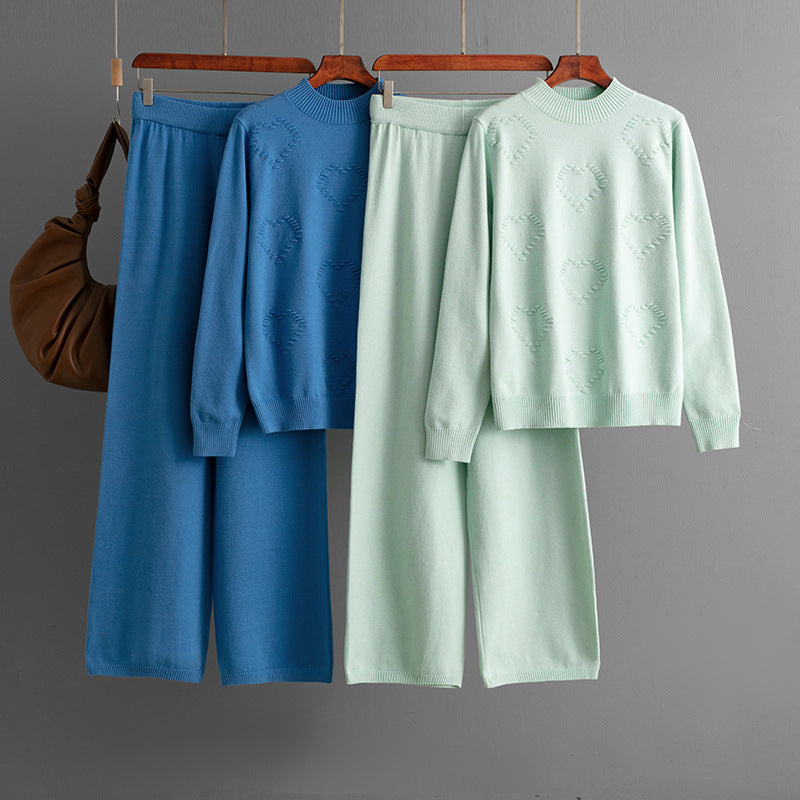 Women Casual Solid Color Long Sleeve Sweater and Pants Set