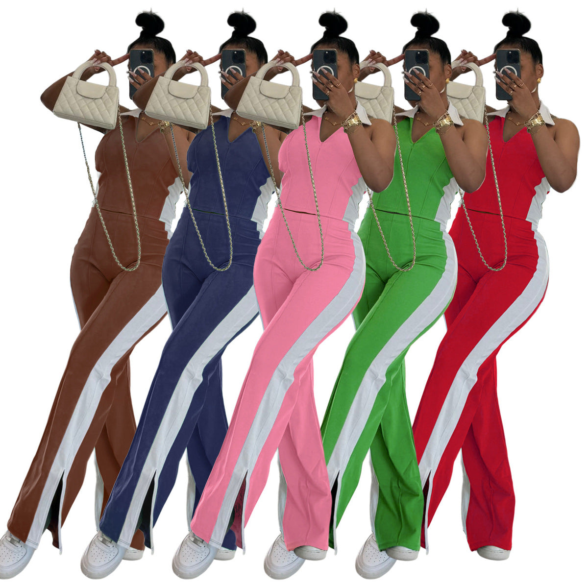 Conjunto de top y pantalón sin mangas con cuello en V y cremallera de color block para mujer