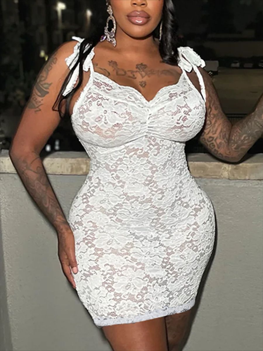 Women See-Through Lace Slim-Fit Dress with V-Neck