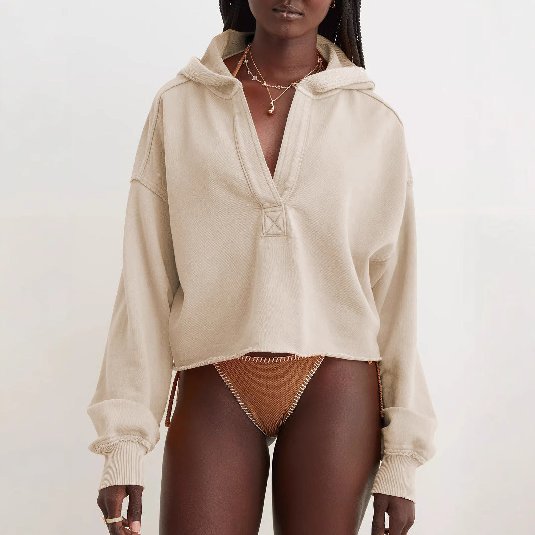 Women Solid Color V-Neck Long Sleeve Hoodies with Loose Fit
