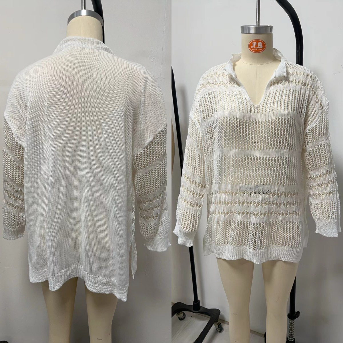 Blusa playera de manga larga hueca de crochet