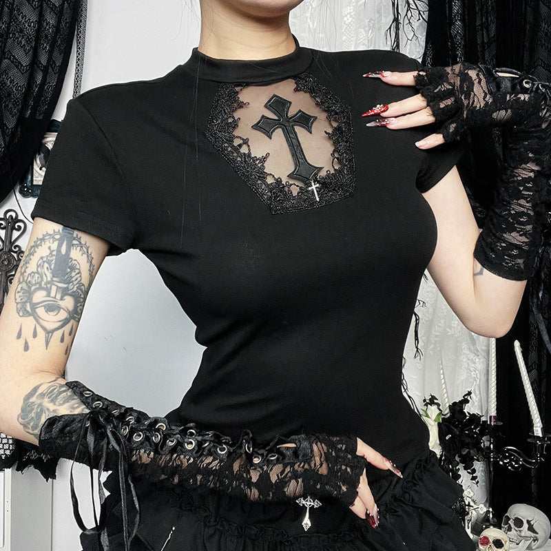 Women Fashion Sexy Gothic Cross Lace T-Shirt