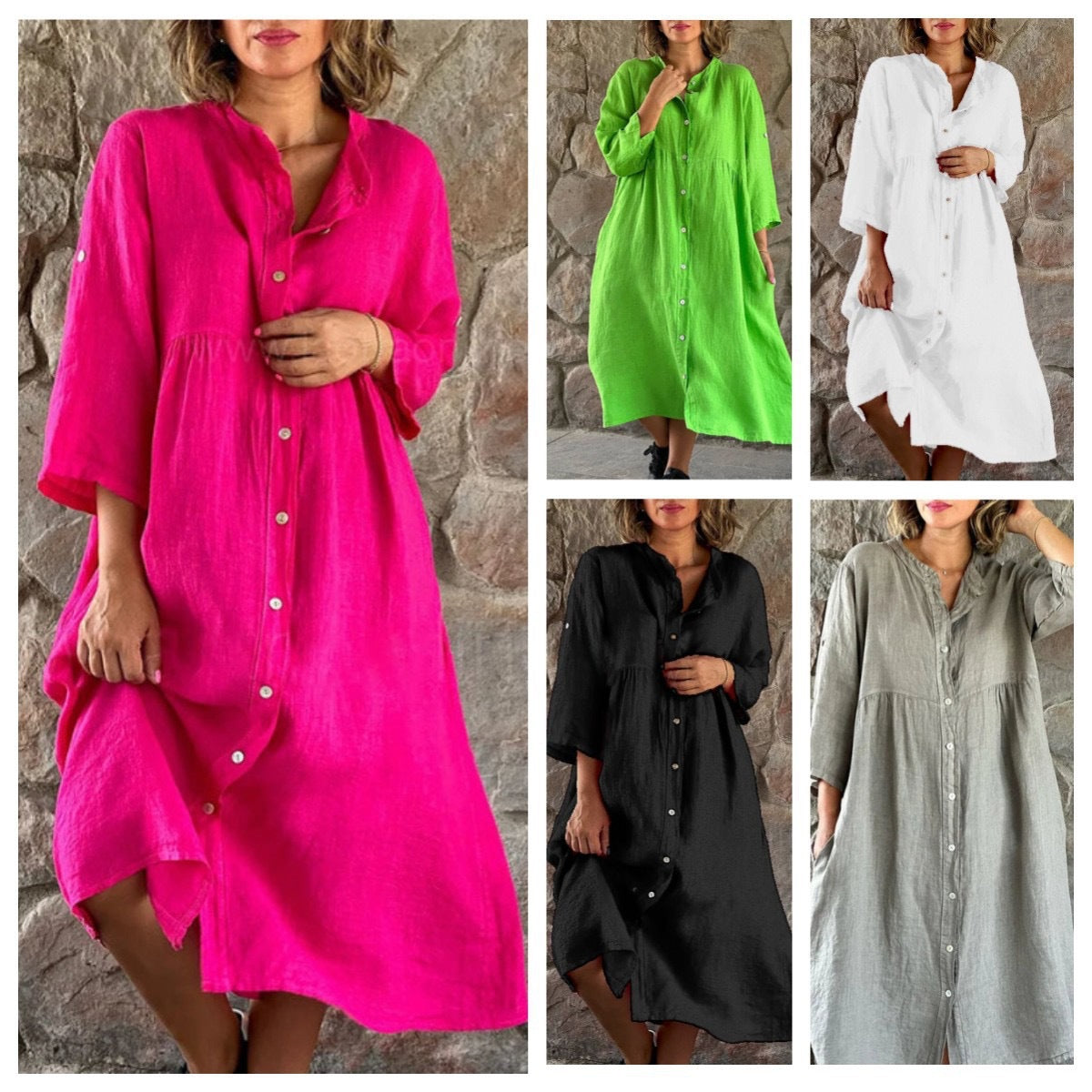 Summer Women Casual Solid Color Button Dress