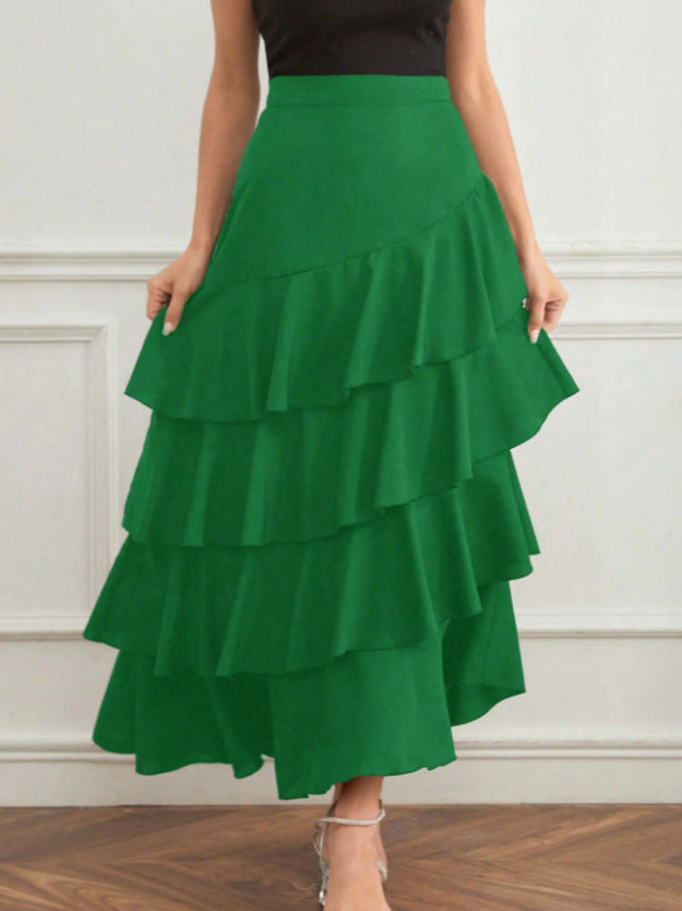 Women Fashion Casual Solid Color Ruffled High Waist Skirt