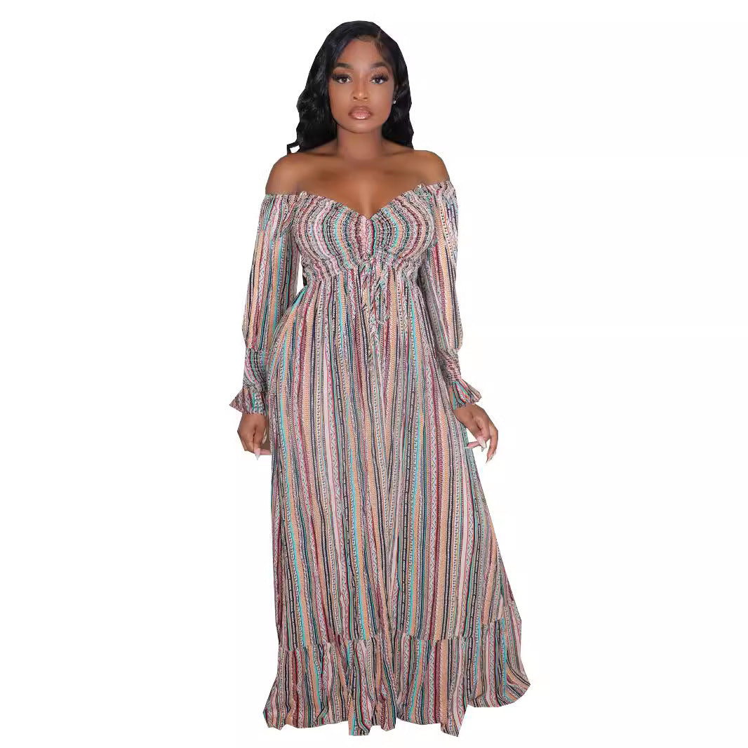 Vestido largo plisado con estampado de rayas informal para mujer