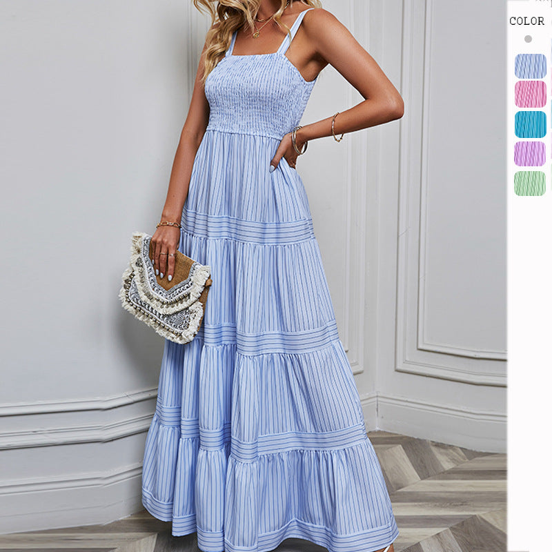 Vacation Women Casual Stripe Print Maxi Dress