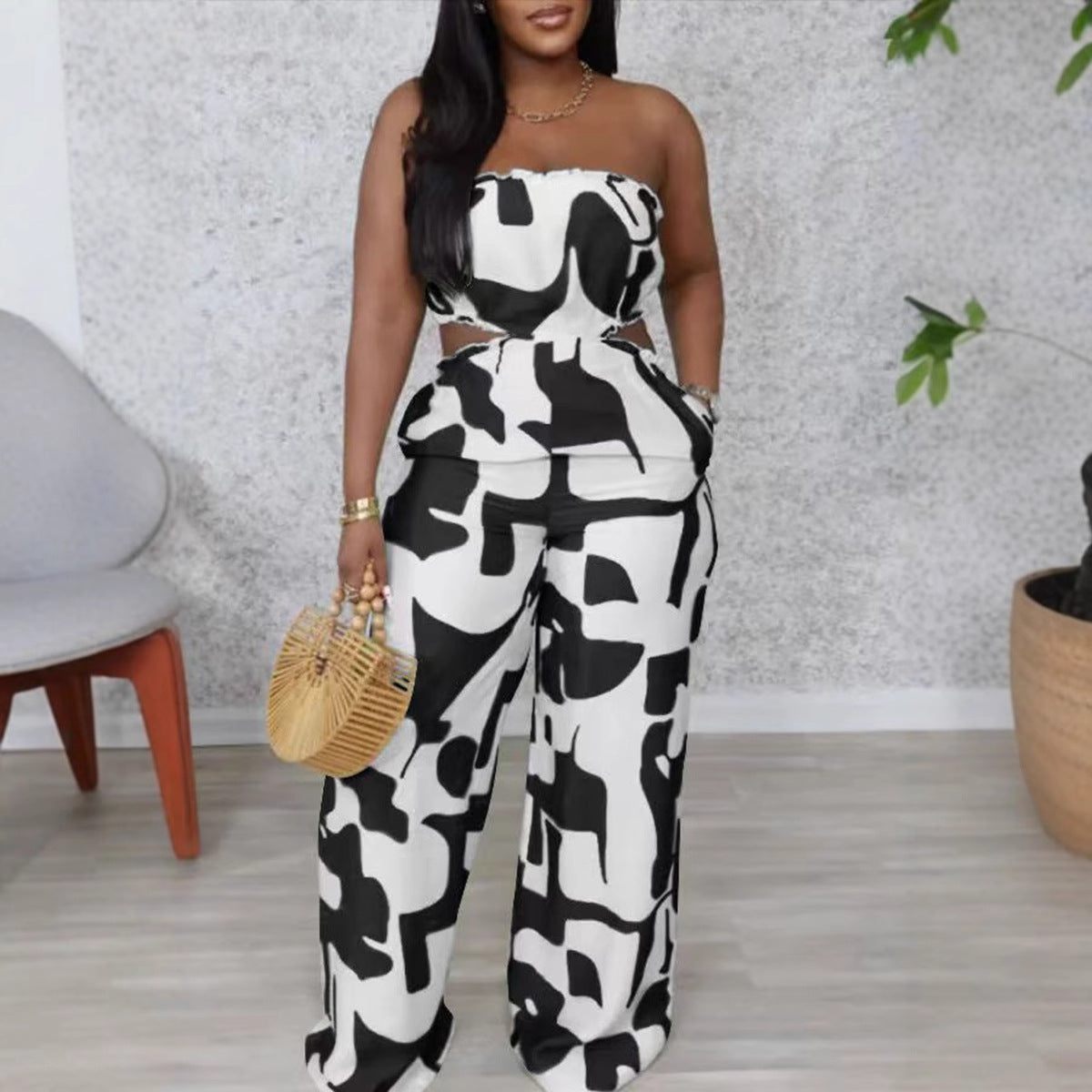 Pantalones anchos sin tirantes con estampado elegante para mujer