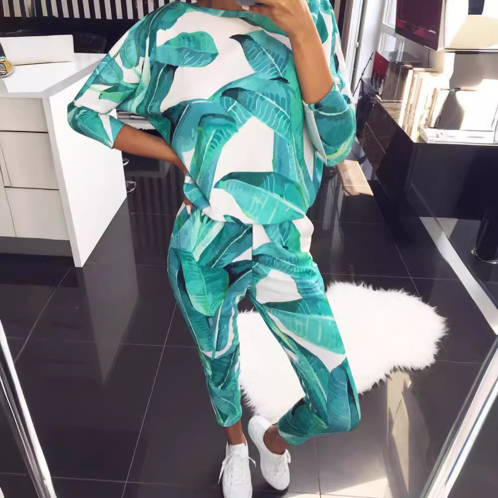 Women Casual Print Long-Sleeve Sweatshirt and Pants Set
