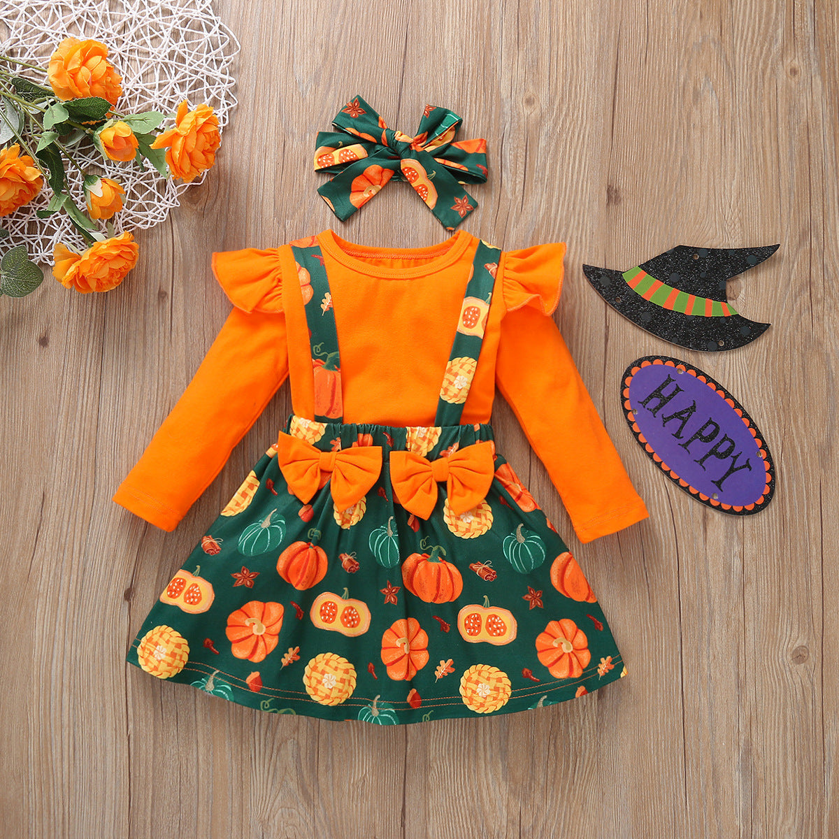 Vestido informal de manga larga con estampado de calabaza para niñas pequeñas
