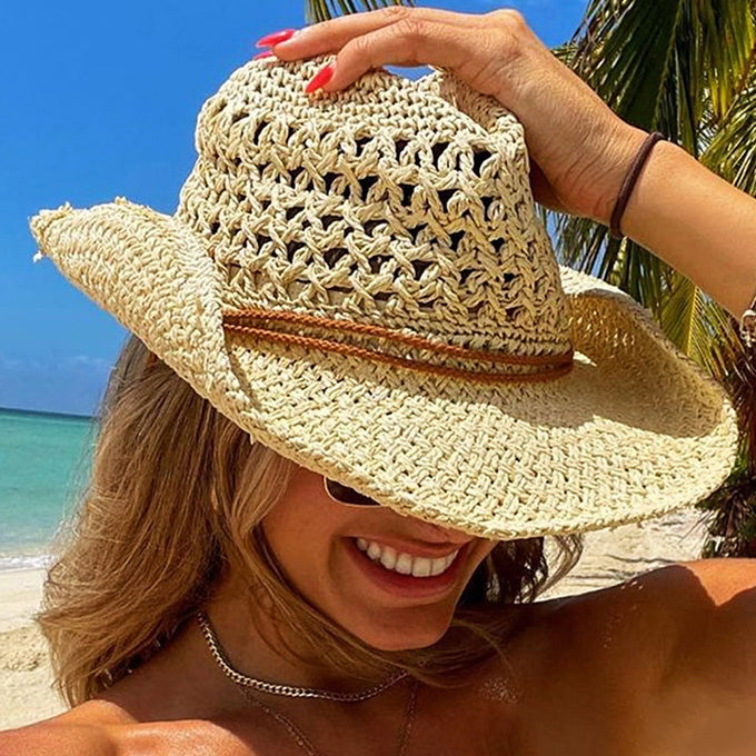 Sombrero de paja tejido a mano estilo occidental, informal, para mujer