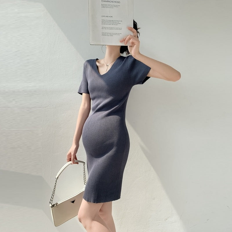 Maternity Summer Knitted Dress with V-Neck Design