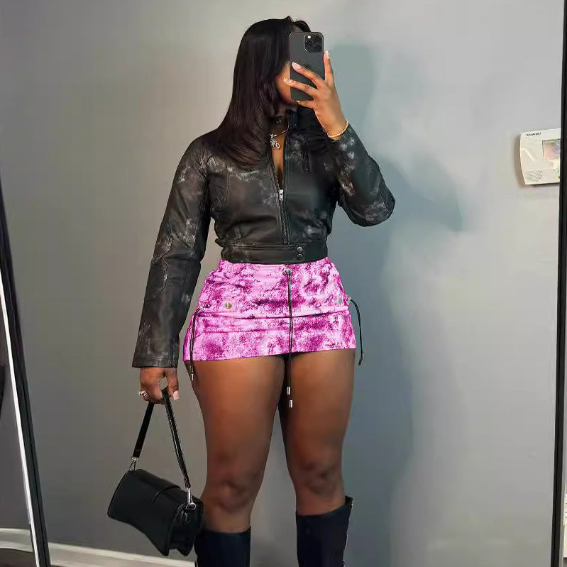 Women Fashion Sexy Printed Pleated Drawstring Pocket Skirt