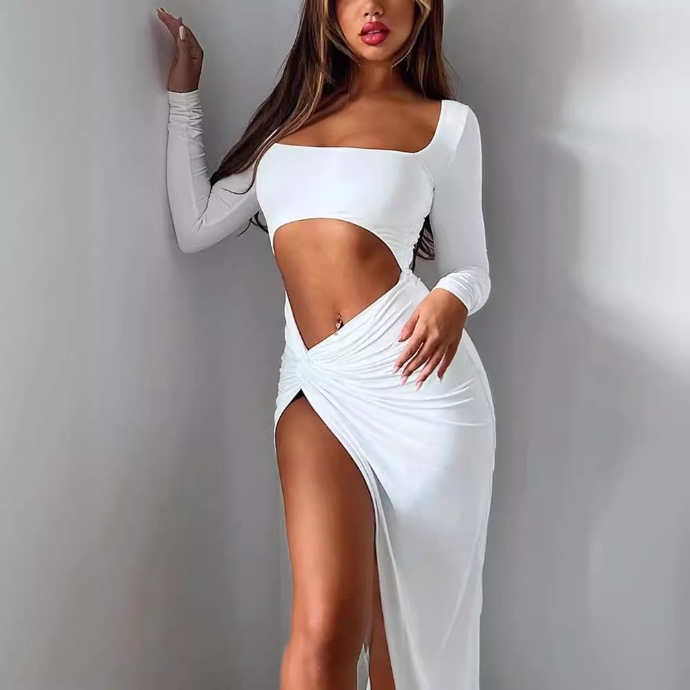 Vestido midi de moda para mujer con cuello cuadrado y detalle de abertura