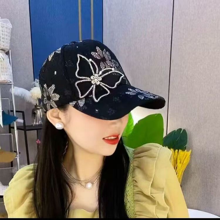 Gorra de béisbol de verano con diamantes de imitación y malla de encaje para mujer