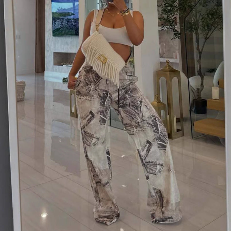 Women Fashion Casual Printed Elastic Drawstring Pants