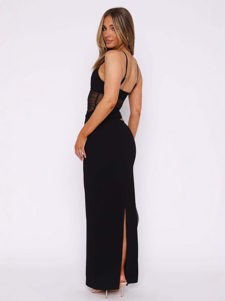 Women Fashion Solid Color Mesh Sleeveless Camisole and A-Line Skirt Set