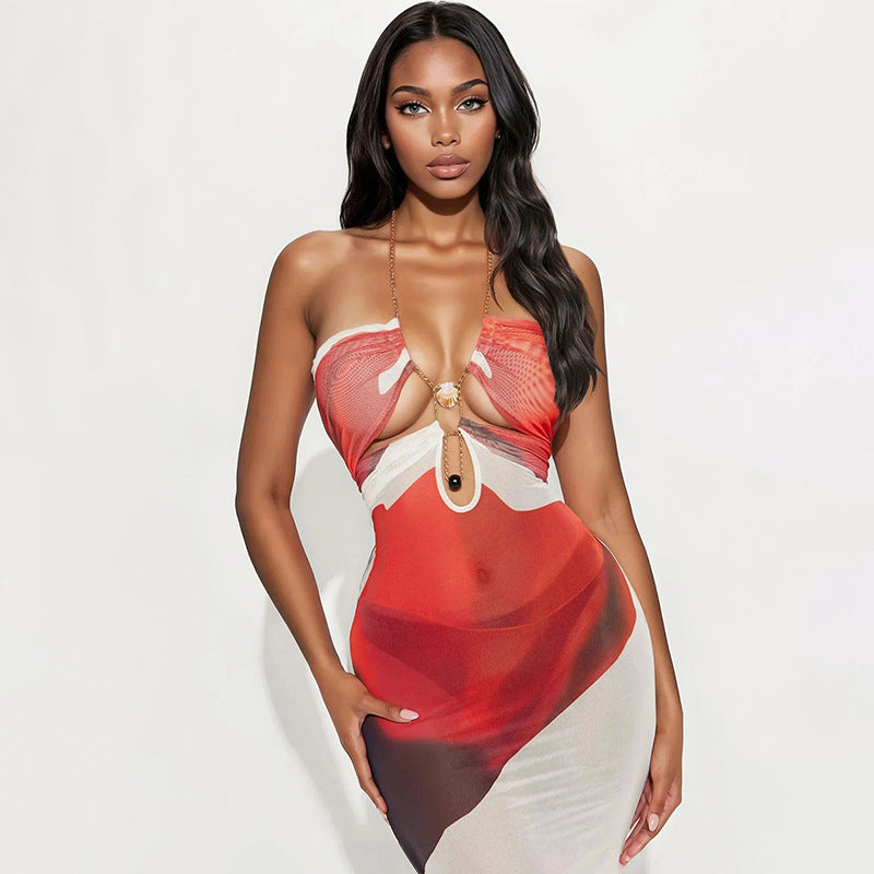 Robe sexy à imprimé floral et chaîne coquillages pour femme
