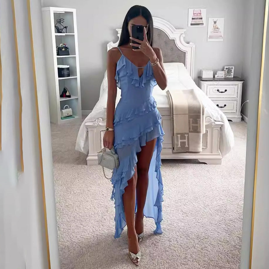 Women Sexy Irregular Ruffled Spaghetti Strap Dress in Sky Blue