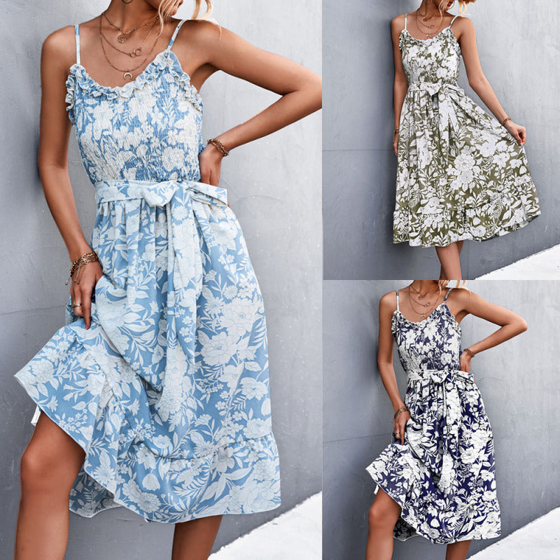 Vestido elegante bohemio sin mangas con volantes florales de verano para mujer