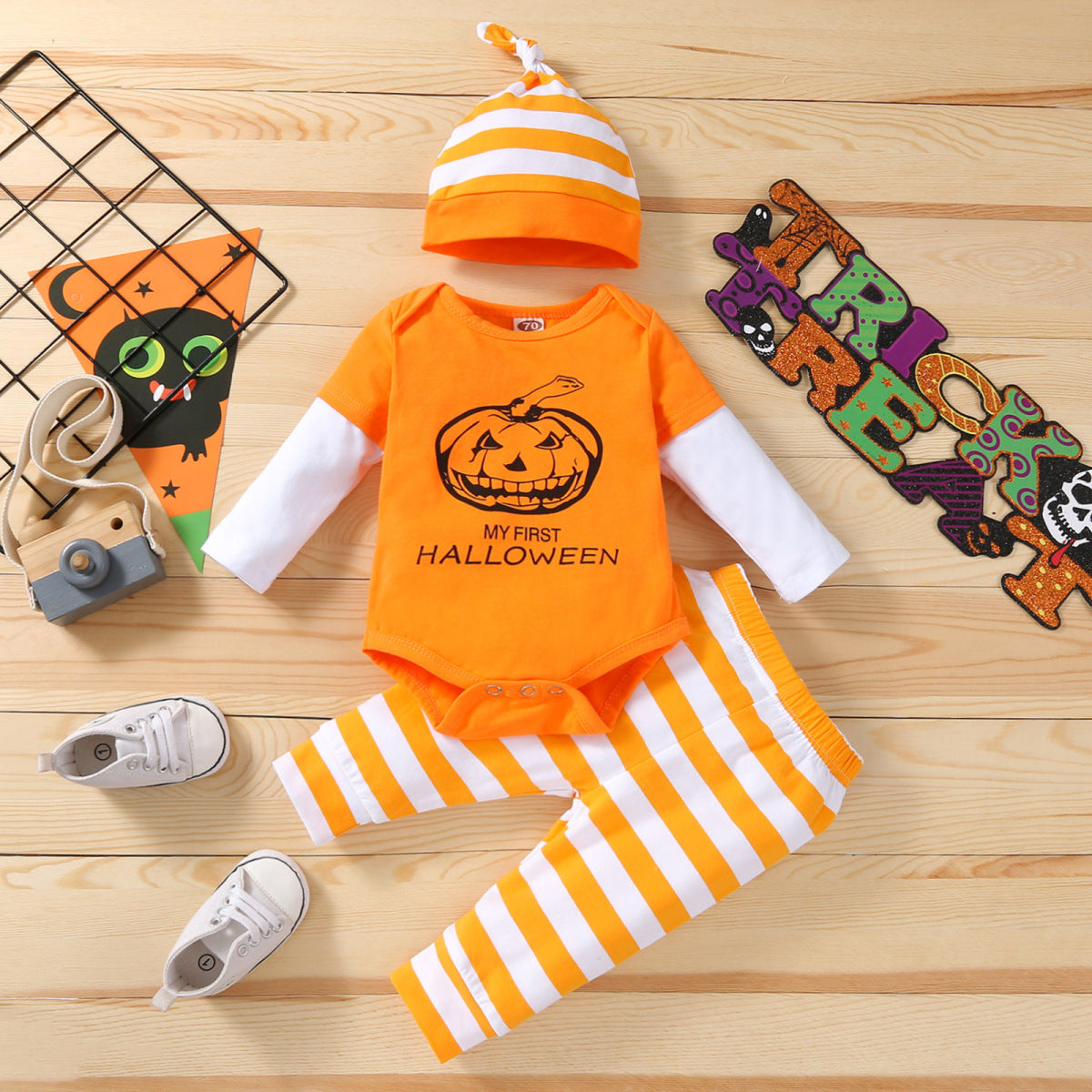 Conjunto de pantalones y mameluco de manga larga con estampado de calabaza informal para niños y niñas