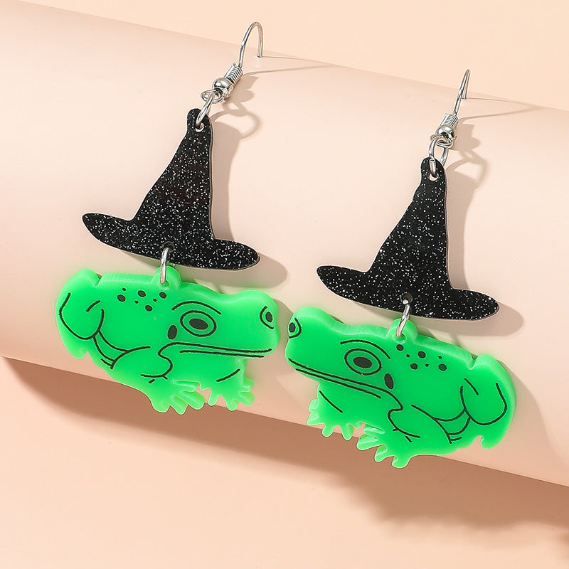 Halloween Women Fashion Creative Funny Acrylic Witch Hat Frog Earrings