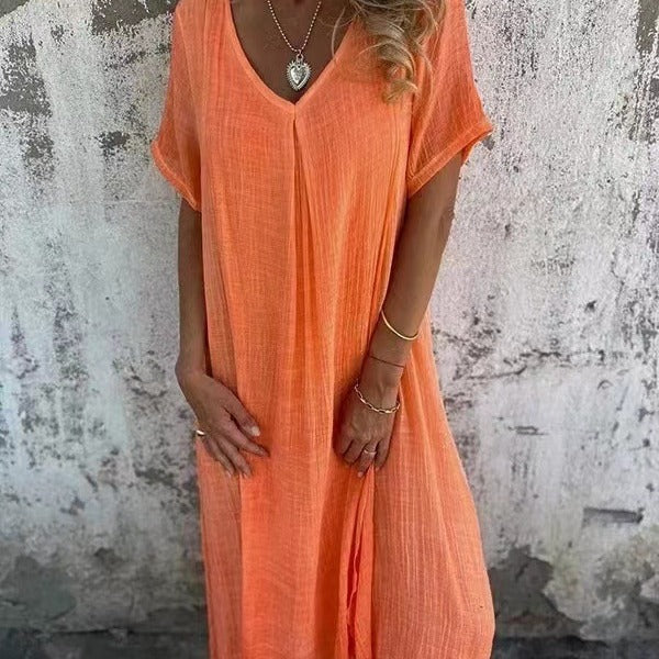 Women Casual Cotton Linen V-Neck Midi Dress