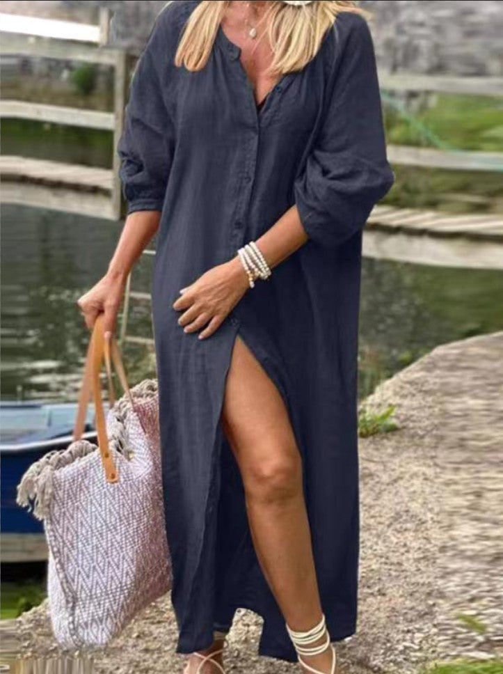 Women Cotton Linen Loose Long-Sleeved Cardigan