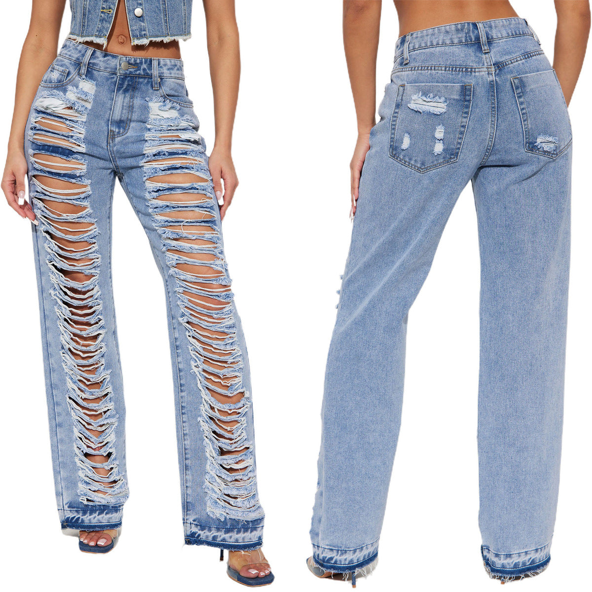 Jean évasé en denim micro-extensible déchiré pour femme, bleu ciel