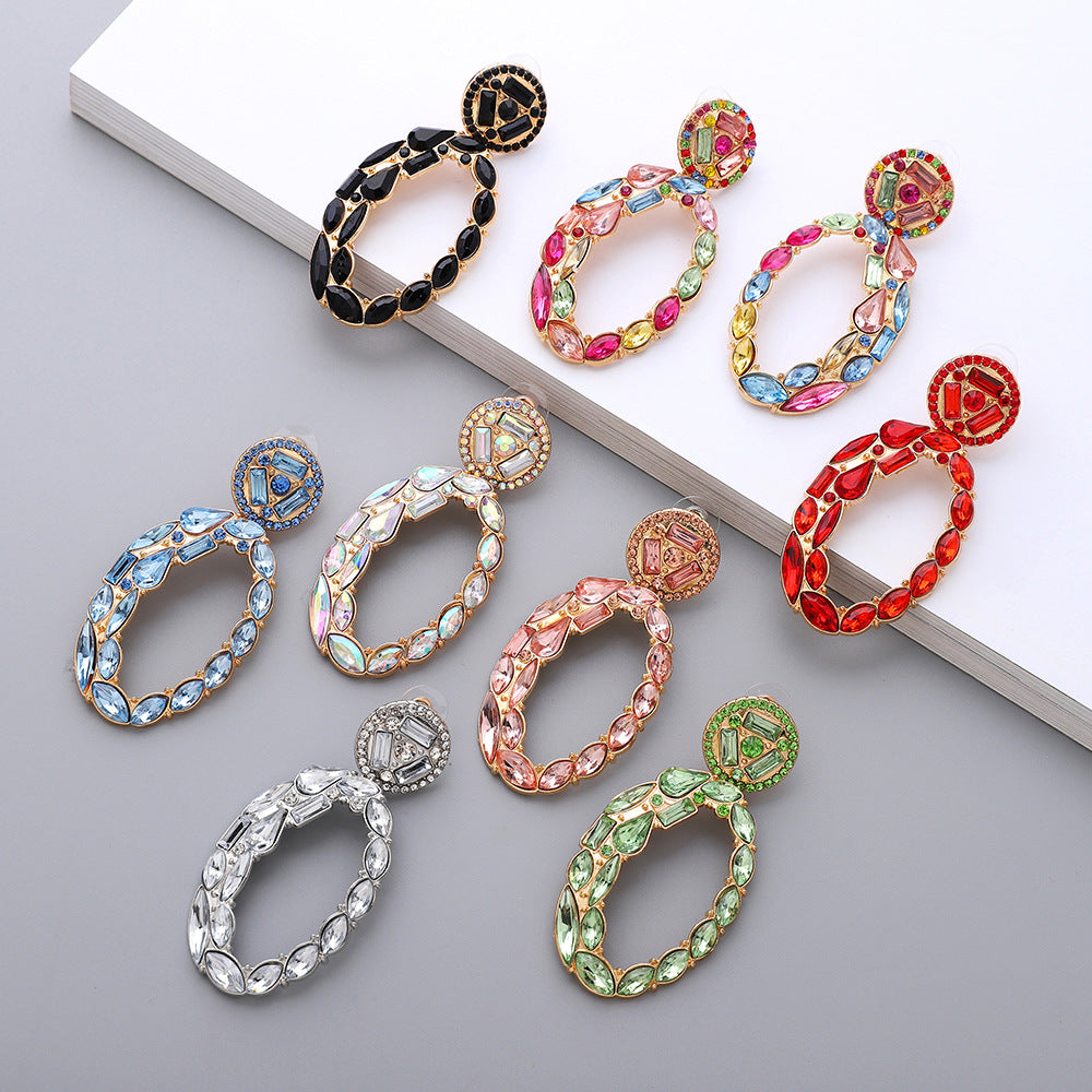 Boucles d'oreilles géométriques ovales en alliage et strass pour femmes, bijoux élégants