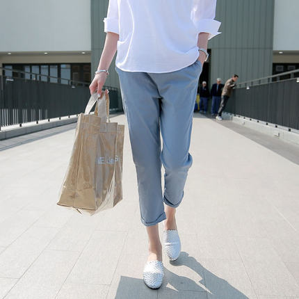 Pantalones casuales de algodón y lino de pierna ancha para mamás