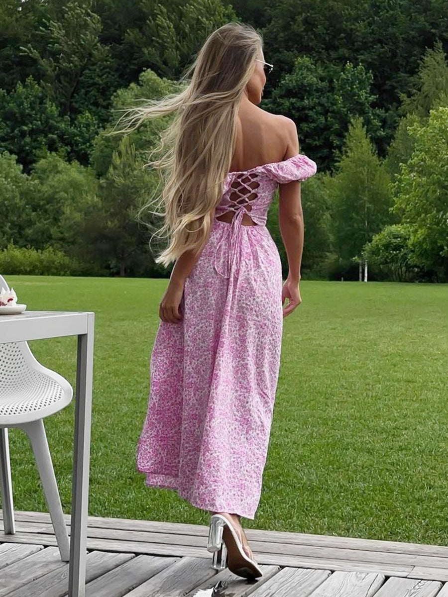 Vestido elegante de poliéster con estampado floral, hombros descubiertos y espalda descubierta para mujer