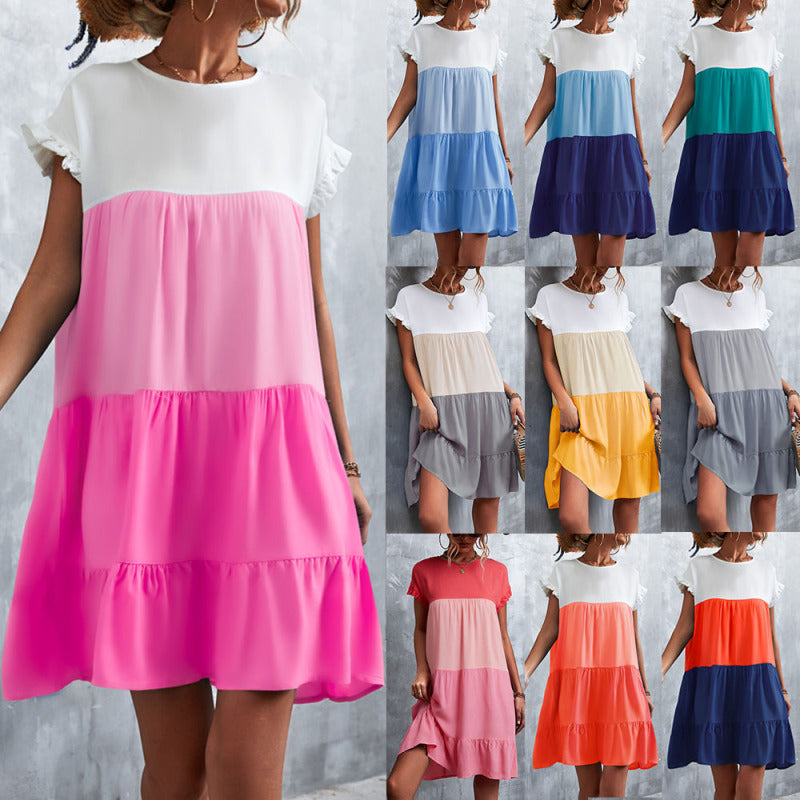 Women Bohemian Summer Short Sleeves Color Blocking Ruffled Dress