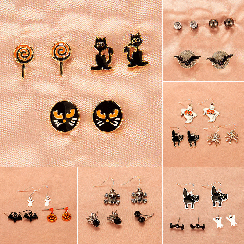 Halloween Women Cartoon Skeleton Pumpkin Bat Earrings