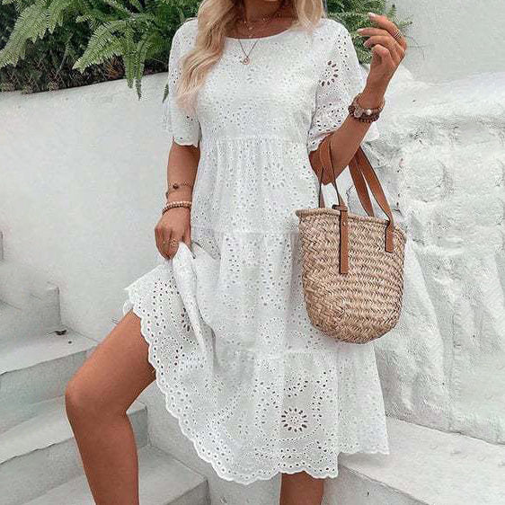 Robe décontractée à manches courtes en coton et dentelle pour femme