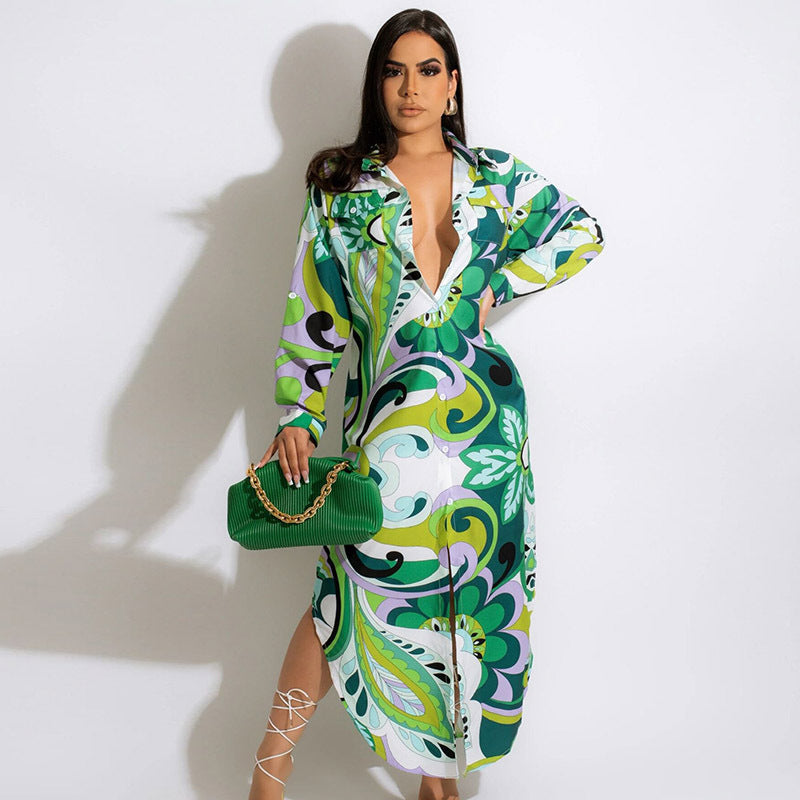 Robe chemise longue à manches longues pour femme, style bohème, tendance vacances