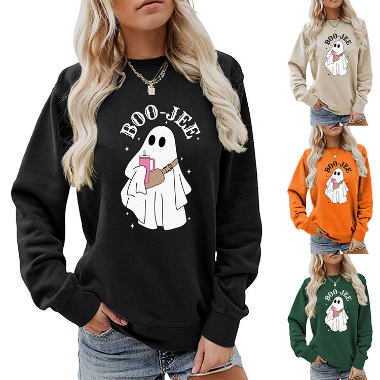 Sweat-shirt ras du cou imprimé fantôme de dessin animé pour femme Halloween