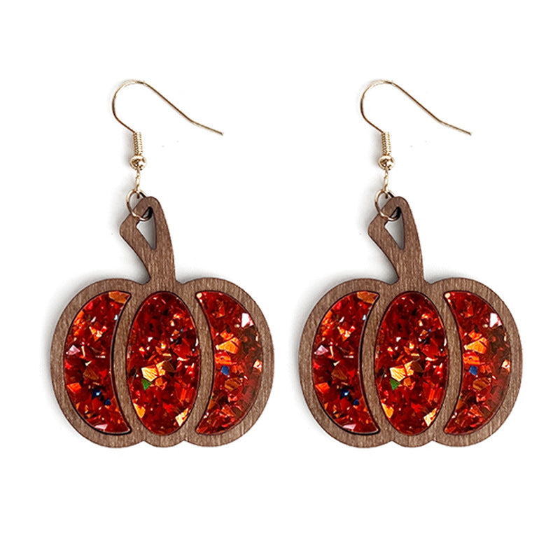 Pendientes de madera con forma de calabaza y purpurina para Halloween para mujer
