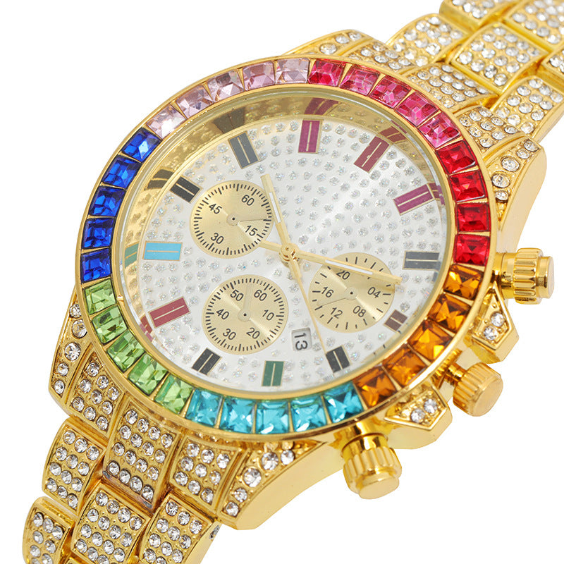 Women Fashion Colored Rhinestone Calendar Watch - Elegant Alloy Strap