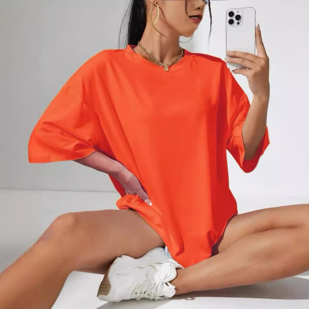 Women Casual Loose Solid Color Short Sleeve T-Shirt
