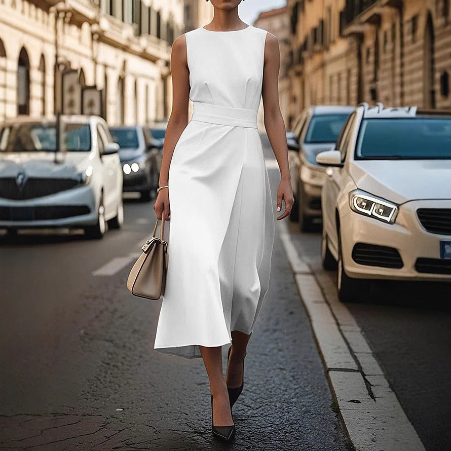 Vestido casual sin mangas de color sólido para mujer con cuello redondo
