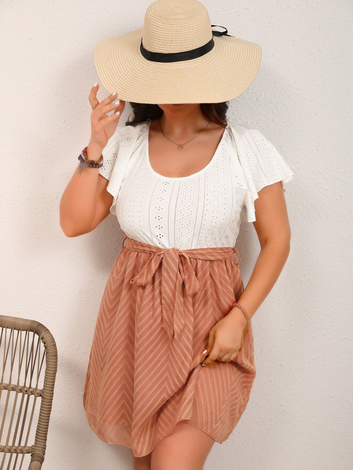 Women Fashion Casual Plus Size Jacquard Stitching Short Sleeve Dress