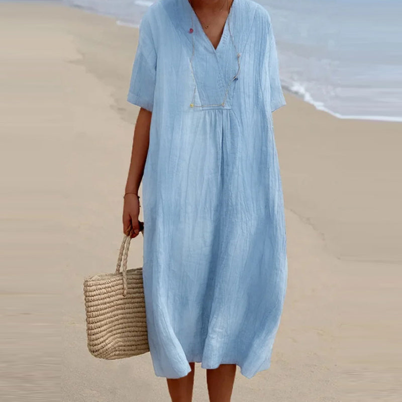 Robe décontractée en coton et lin à col en V et couleur unie pour femme