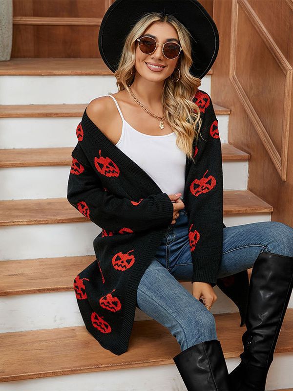 Pull cardigan jacquard citrouille d'Halloween pour femme