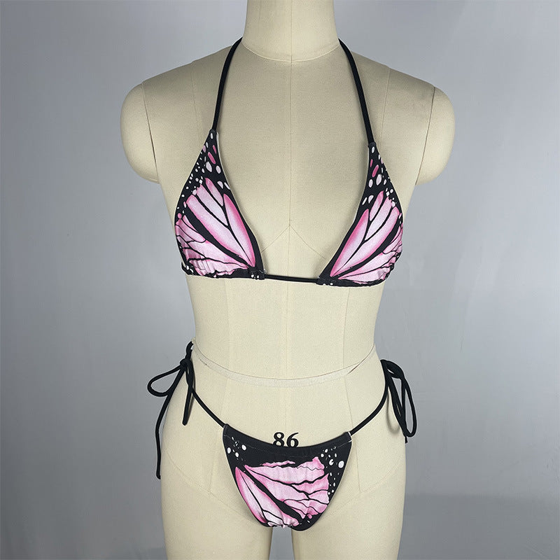 Bikini sexy con cuello halter y estampado de mariposas para mujer