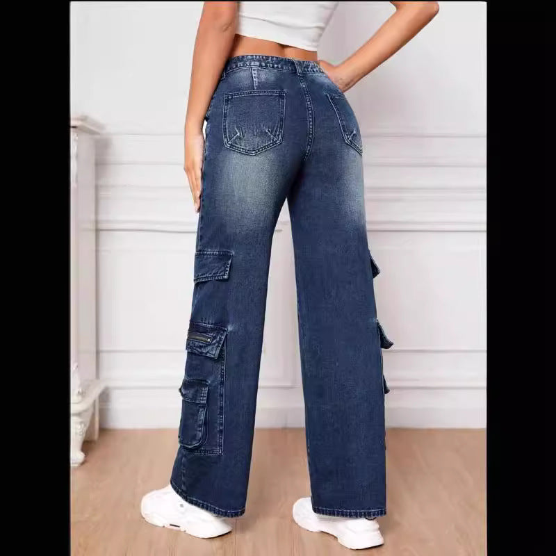 Pantalones cargo de mezclilla de pierna ancha con múltiples bolsillos para mujer