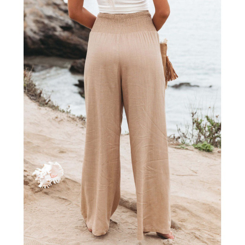 Pantalones anchos casuales de algodón y lino para mujer