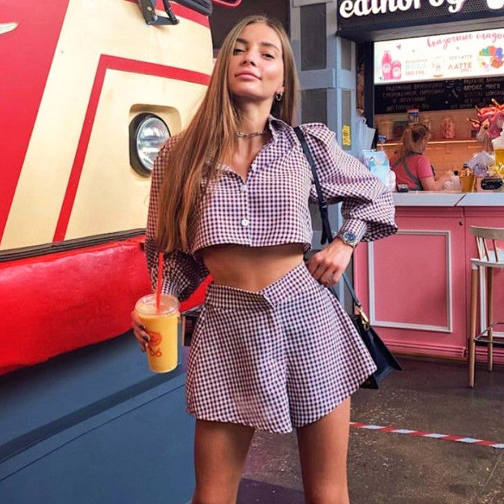Conjunto de blusa informal con solapa y estampado de cuadrícula para mujer