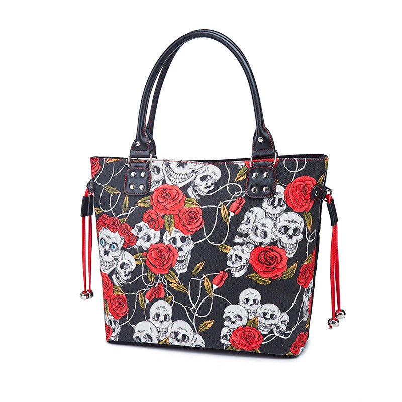 Bolso de mano con calavera y rosas para mujer, diseño de Halloween