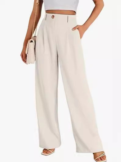 Pantalones casuales de pierna ancha para mujer, estilo poliéster de cintura alta
